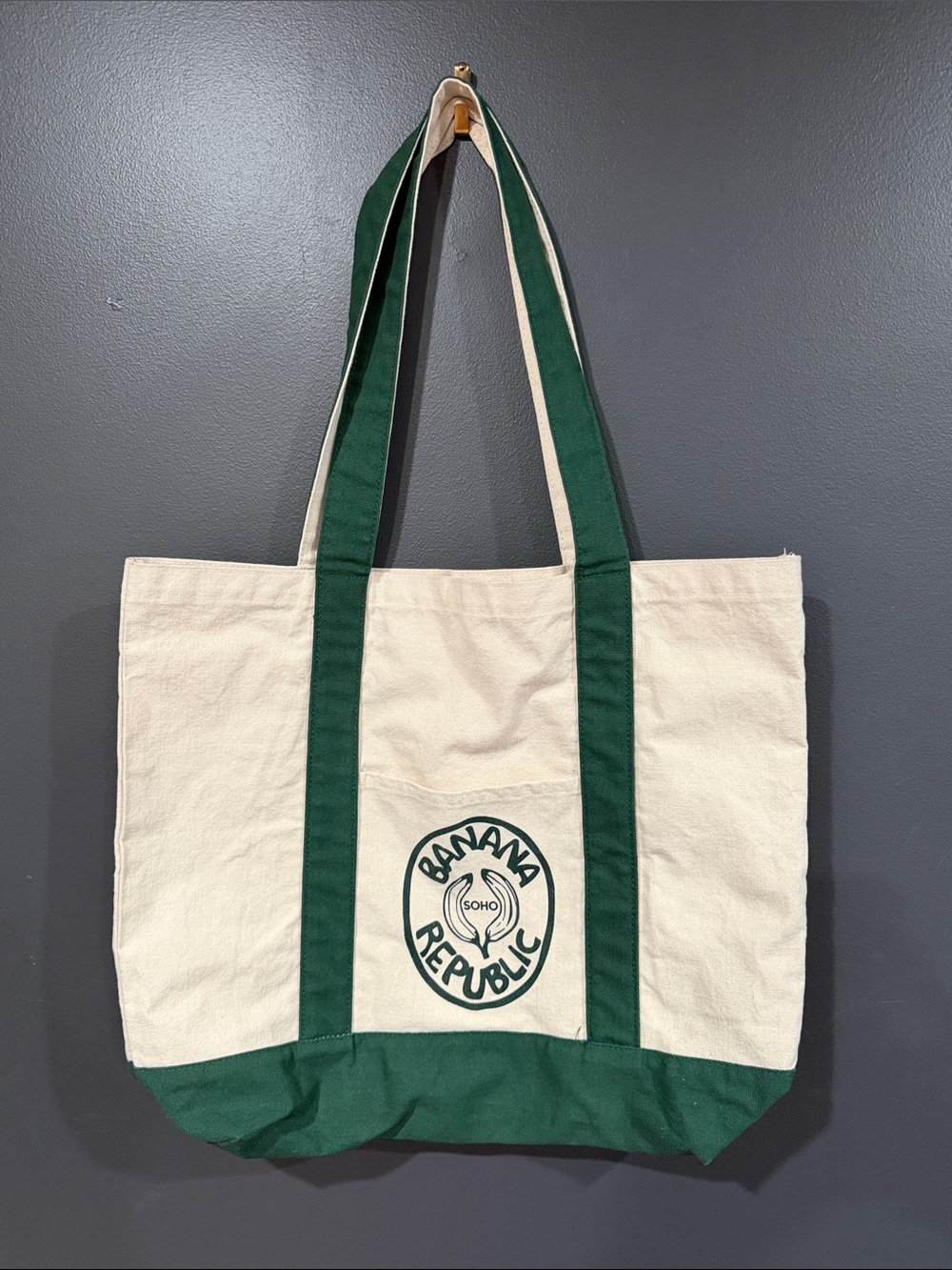 Banana Republic SoHo Cream Canvas Tote with Forest Green Accents